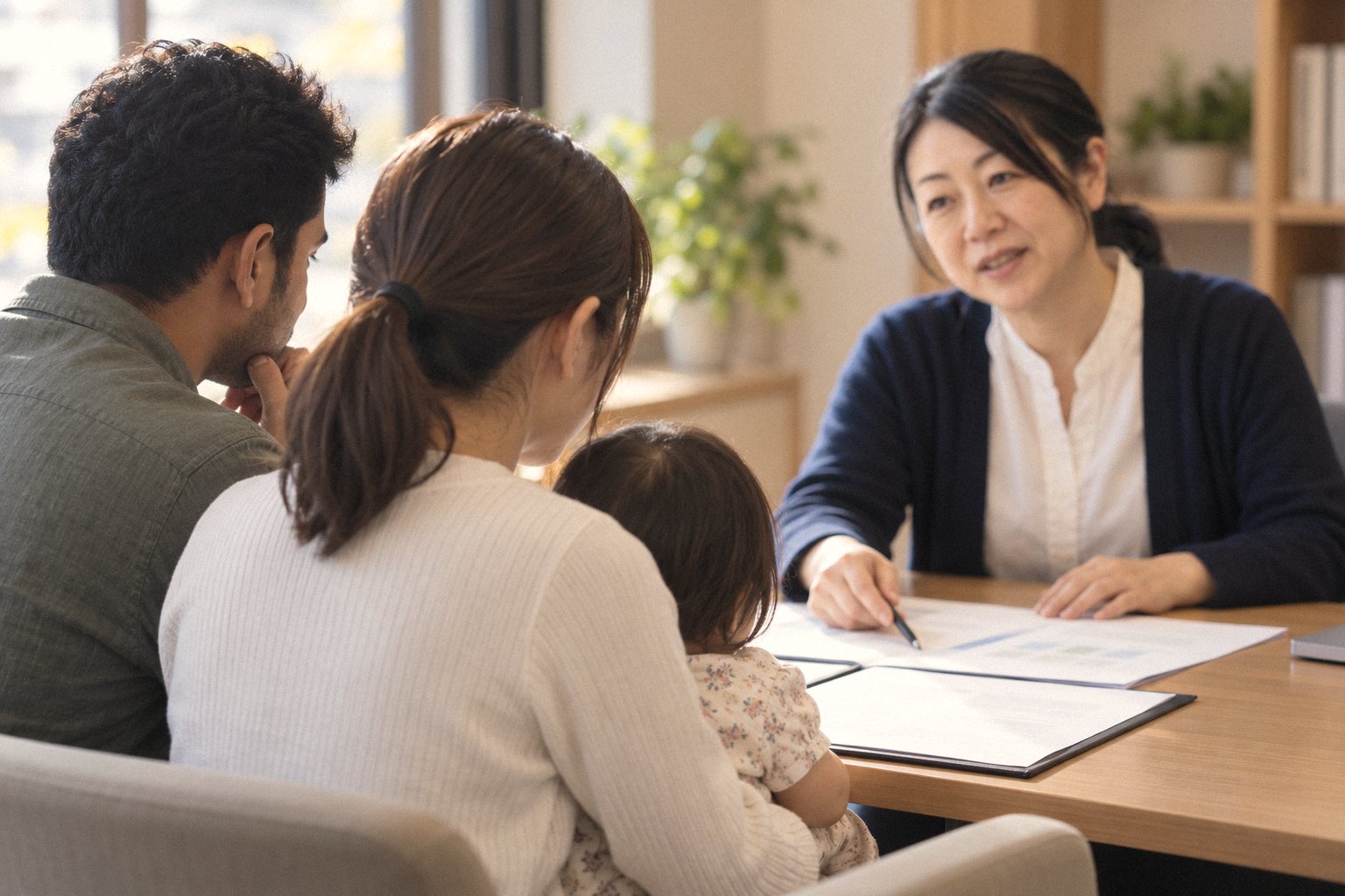 相談に来た夫婦と子どもの後ろ姿。机の向こうで所長が書類を指している